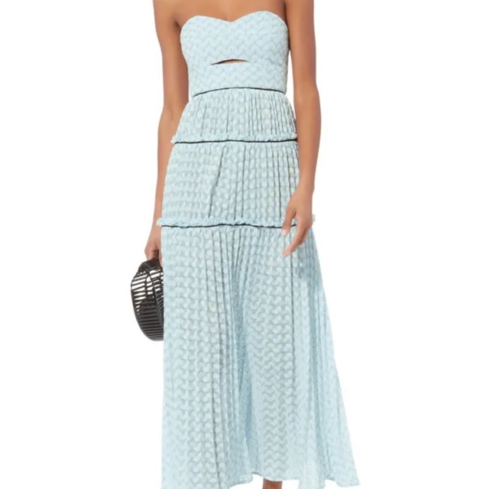 Self portrait light blue and gold metallic strapless MIDI dress sz us 8 uk 12